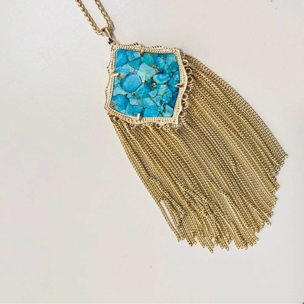 KENDRA SCOTT Kingston Gold Necklace w Turquoise  Stone Tassel Chain Pendant - Picture 10 of 12